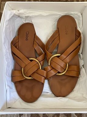 Chloe Brown Leather Rony Crisscross flat - Size 8